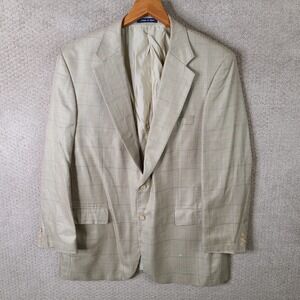 Alan Flusser Jacket Mens 44L Beige Houndstooth Plaid Silk Wool Blend Blazer